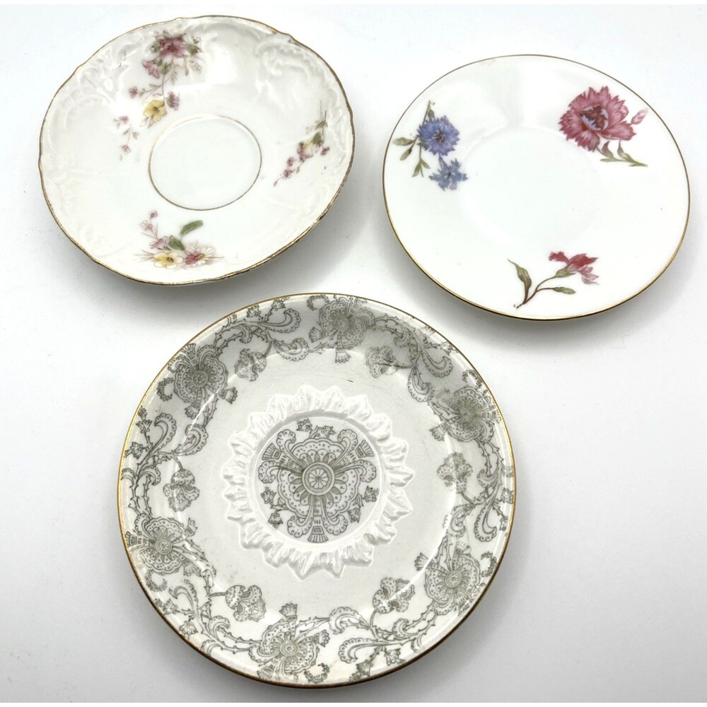 Set of 3 Vtg Porcelain Saucer Trinket Trays Floral Gold Trim Decorative Dishes